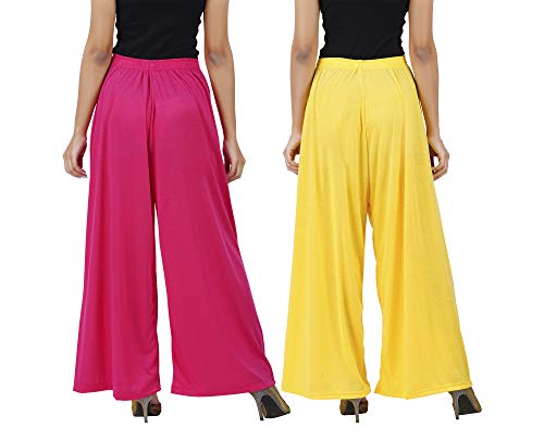 Image of Buy That Trendz M to 4XL Cotton Viscose Loose Fit Flared Wide Leg Palazzo Pants for Women Rani Pink Yellow Combo Pack of 2
