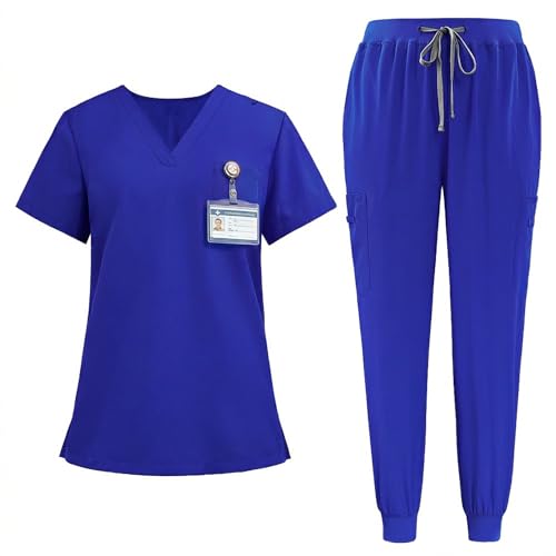 Maizoon Uniformes Conjunto Médico Unisex Top y Pantalón de Poliéster de Manga Corta y Escote en V con 3 Bolsillos Túnica Lisa de Trabajo Sanitario Azul M