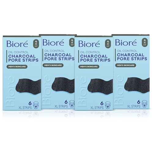 Bioré Men's Blackhead Remover Pore Strips, Charcoal Deep Cleansing Nose Strips for Blackhead Removal on Oily Skin, 6 Count (Pack of 4)