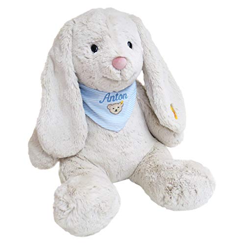 Steiff Hoppie Hase XL mit Wunschname auf Halstuch hellblau bestickt 48 cm Soft Cuddly Friends personalisiertes Geschenkset