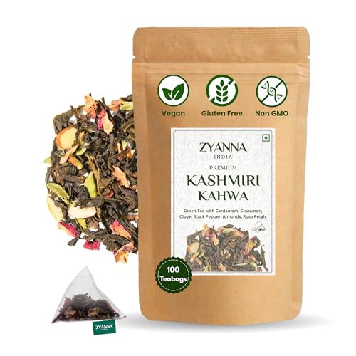 Image of ZYANNA Kashmiri Kahwa Tea - 100 Pyramid Tea Bags | Green Tea with Cardamom, Cinnamon, Clove, Almonds, Rose Petals | Aromatic Wellness Brew | Refreshing Taste, Uplifting Feel | 100% Natural Spices