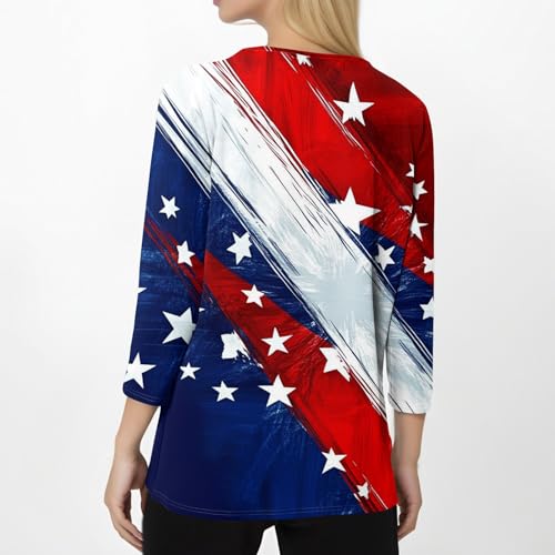 Image of 4th of July Shirts Women 3 /4 Length Sleeve Womens Tops Henley Neck Casual Patriotic T Shirts
