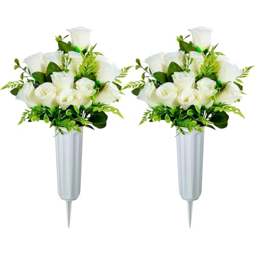 Artificial Cemetery Flowers, Set of 2 Artificial Rose Bouquet Grave Memorial Flowers with Vase for Cemetery Headstones Decoration (White) image 7