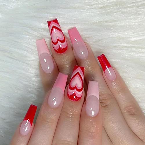 24Pcs Press On Nails Medium Fake Nails Pink Heart Coffin Press on False Nails French Heart Fake Nails with Nail Glue Manicure Full Cover Acrylic Nails Glue On Nail Stick on Nails for Women and Girls