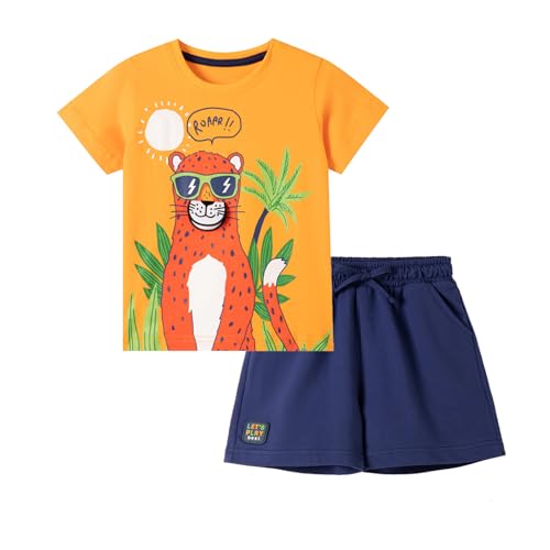 Image of HILEELANG Toddler Boy Summer Short Clothes Sets Cotton Crewneck Tees Shorts Pocket Adjustable Knite Shorts Playwear Sets