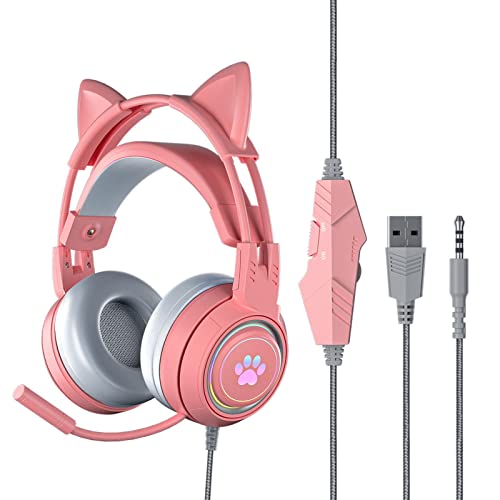 WANAONE Casque de jeu avec oreilles de chat amovibles, casque de jeu filaire avec microphone antibruit, rétroéclairage RVB, son surround pour PS4, PC, téléphone portable (rose) Cover