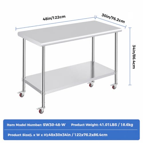 Image of OSTBA Stainless Steel Table for Prep & Work 30x48 Inches with Casters Wheels, NSF Metal Commercial Heavy Duty Table with Adjustable Undershelf for Restaurant Kitchen Home and Hotel