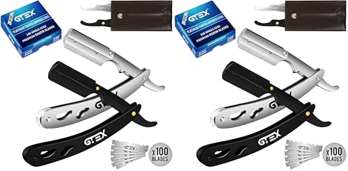 Navaja Afeitar de GTEX - Navaja de Afeitar Hombre Rectas (2 Pack) con 100 GTEX Premium Cuchillas de Afeitar Barbero y Funda de Cuero - Straight Edge Razor Barber (Paquete de 2)