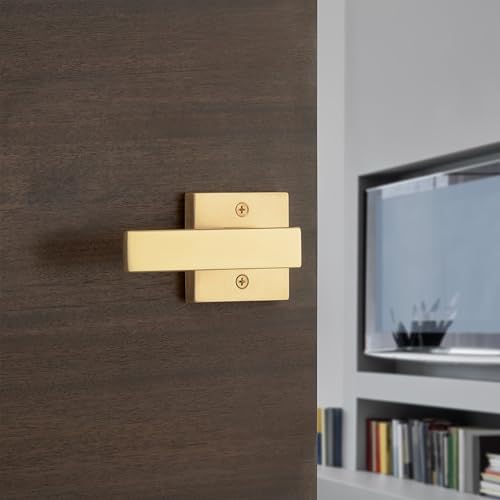 Image of Kwikset Singapore Interior Privacy Door Handle with Lock, Door Lever for Bathroom and Bedroom, Satin Brass Reversible Keyless Push Button Lock Door Lever, with Microban Protection