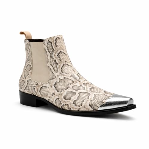 JYTDUN Mens Snake Print Chelsea Boots with Metal Pointed Toe Slip-On Western Dress Ankle Boots for Party Concert & Casual Wear (White Standard Adult Men 10 Numeric US Footwear Size System Medium)