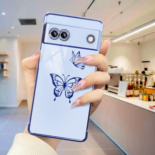 ATISIJIE Mariposa Funda para Google Pixel 6A,a Prueba de Golpes,con Borde Dorado galvanizado antiarañazos protección Delgada para Google Pixel 6A Azul