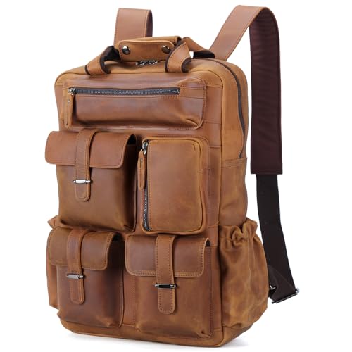 Cowhide Leather Multi Pockets 16 Inch Laptop Backpack Day Pack Travel Bag (Light Brown(Updated Version))