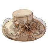 1pc Ladies Floppy Bucket Hats Luxury Summer Hats Organza Wide Brim Sun Hats Derby Wedding Church Fascinator Hats Luopan(Khaki)