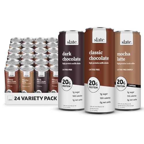 Image of Slate Milk - High Protein Milk Shake - Chocolate Variety Pack - Chocolate, Dark Chocolate, Mocha Latte - Lactose Free, 20g Protein, 1g Sugar, 100-110 Calories, 1-3g Net Carbs - 11 fl oz, 24 Cans