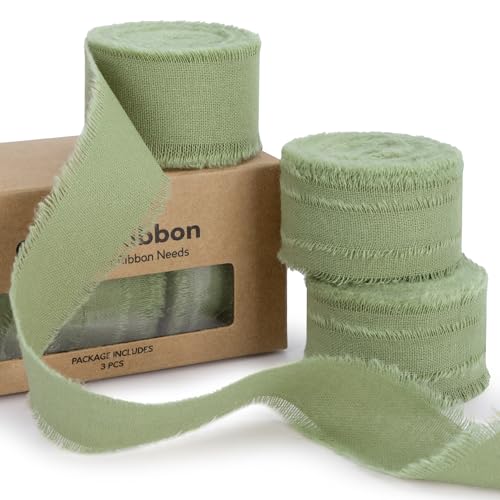 Keypan Sage Green Frayed Cotton Ribbon, 1 Inch, 15 Yards
