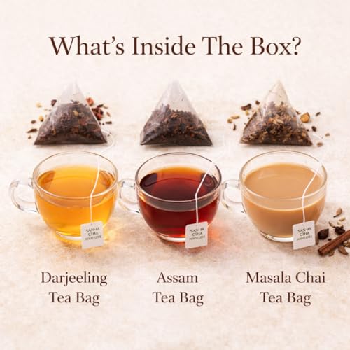 Image of Sancha Tea Boutique, Bloom Collection Tea Gift Box | English Breakfast, Darjeeling & Masala Chai | 3 x 25 Pyramid Tea Bags | Premium Floral Gift Box with Golden Ribbon & Carry Bag