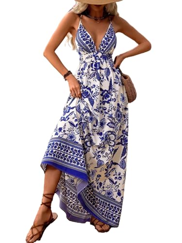 MakeMeChic Women's Summer Blue and White Floral Dress Boho Backless