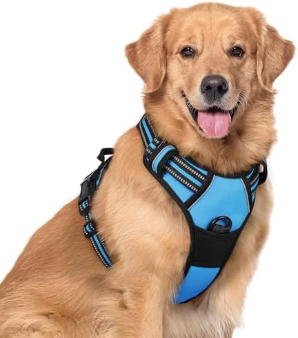 rabbitgoo Hundegeschirr Grosse Hunde Anti Zug mit Griff, XL, Hellblau | No Pull & Individuell Anpassbar, Atmungsaktiv Gepolstert, 2 D-Ringe, Schnellverschlüsse, Reflektierend für G