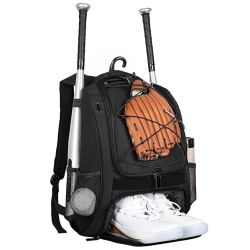 Grande zaino da baseball con porta mazza borsa da attrezzatura sportiva con deposito di scarpe da allenamento multi-compartimento per softball e crosse dimensioni nero