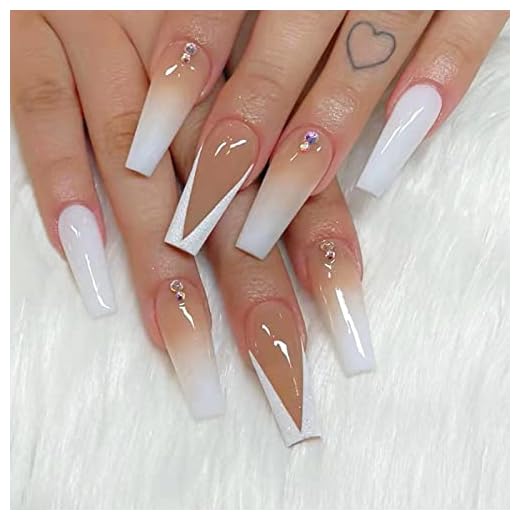 YOSOMK Gradient French Tip Press on Nails Long Coffin Fake Nails with Designs Glossy False Nails for Women Girls Stick on Nails with Glue on Acrylic Nail Tips