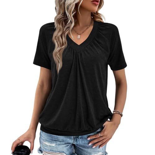 Summer Tops for Women 2026 Shorts Sleeve Solid Tops,V Neck Soft T Shirts Casual Clothes Loose Fit Ruched Top Tee（Black,Medium）