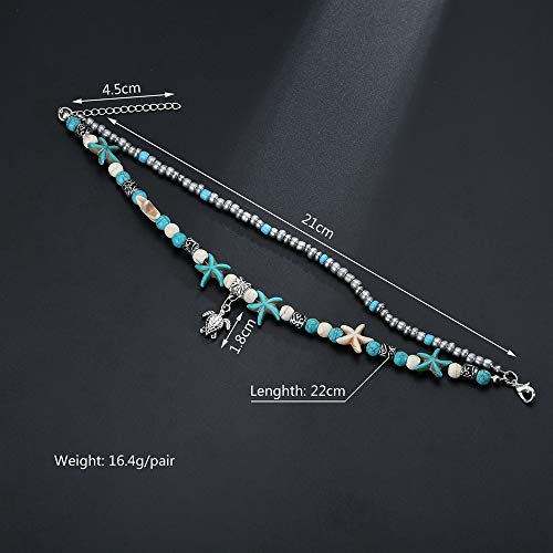 Image of Softones Blue Starfish Turtle Anklet Multilayer Charm Beads Sea Handmade Boho Anklet Foot Jewelry for Women