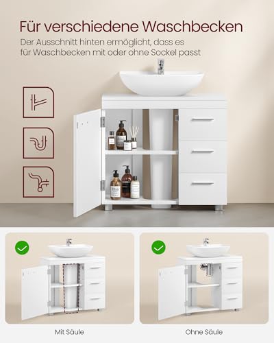 VASAGLE Waschbeckenunterschrank, Badezimmerschrank, 3 große Schubladen, 30 x 70 x 64 cm, 2 Fächer, auch für Waschbecken mit Beckensäule, Badezimmer-Unterschrank mit Füßen, wolkenweiß BBK504W01