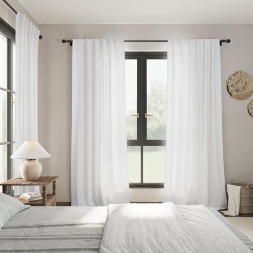 Image of Nanspring White Linen Curtains 70 Inches Long 2 Panels Set Back Tab Rod Pocket Light Filtering Semi Sheer Linen Textured Elegant Farmhouse Airy Privacy Drapes for Bedroom Children Living Room 52x70