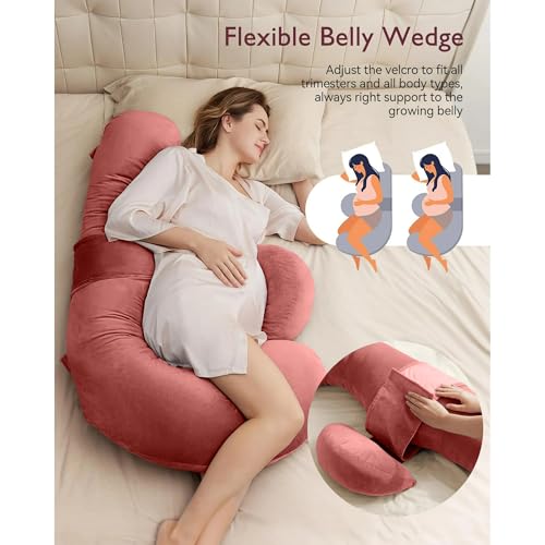 Image of J-Shaped Sleeping Pregnancy Pillow| Removable Velvet Covers| PregnoCare Fibres| Baby Shower Gift, Maternity, Nursing| Full Body Soft-Support Bump, Head, Back, Shoulder, Hips, Legs and Belly(Rose Gold)