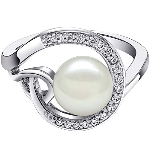 PEORA Freshwater Cultured White Pearl Halo Knot Ring in Sterling Silver, 8.5mm Round Button Shape, Comfort Fit, Sizes 5 to 92