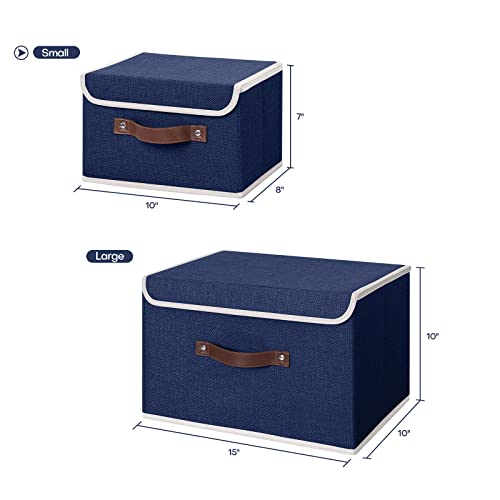 Anminy 2Pcs Storage Bins With Lid Pu Leather Handles Storage Boxes Pp Plastic Board Decorative Foldable Lidded Cotton Linen Fabric Home Cubes Baskets Closet Organizer Containers - Blue, Small Size #TOP4