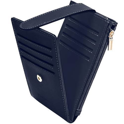 Image of Chelmon Womens Wallet Slim RFID Blocking Bifold Multi Card Case Wallet with Zipper Pocket (Navy Blue)