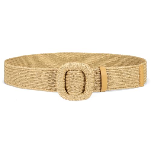 Image of Straw Woven Elastic Belt for Women Stretchy Belts for Dress Fashion Boho Waist Belt Rattan Raffia Ladies Belts