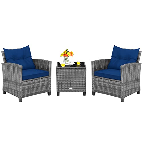 Image of Tangkula 3 Pieces Patio Furniture Set, Outdoor PE Rattan Conversation Chair Set with Tempered Glass Side Table and Removable Cushions, PE Wicker Chairs and Table Set for Porch, Balcony and Garden