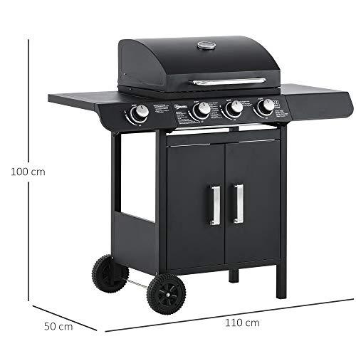 Outsunny 3+1 Burner Gas BBQ Grill, Outdoor Barbecue Trolley with Wheels, Warming Rack, Side Shelves, Cabinet, Thermometer for Garden, Party, Camping, 110L x 50W x 100Hcm, Black - Image 6