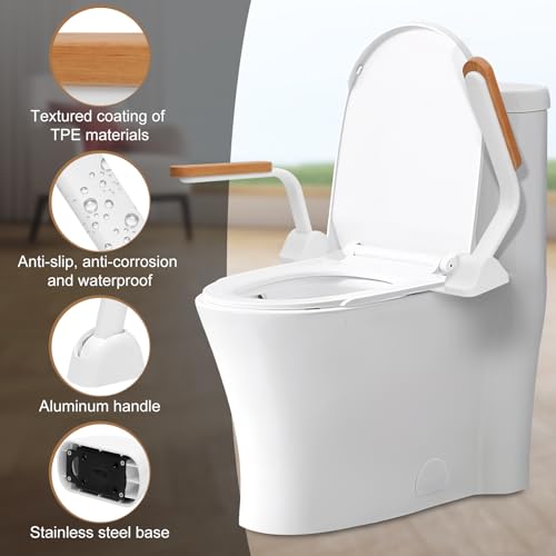 Handicap Toilet Seat with Foldable Arms for Seniors, Adjustable Height and Hardwood Pad