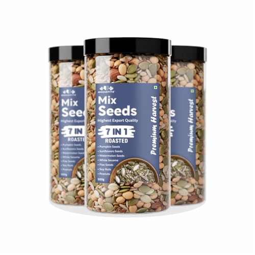 Image of Growfitz 7-in-1 Super Seed Mix | Pack of 3 (500g Each)| 24.4g High Protein & Fiber | Roasted Pumpkin, Sunflower, Flax, Chia, Soy Nuts & Sesame | Healthy Snack |