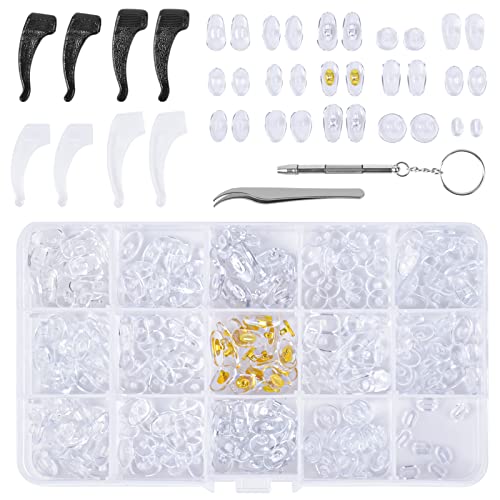 300 Pcs Almohadillas de Nariz para Gafas Set, 15 Estilos Almohadillas Nasales para Gafas, 4 Pares de Ganchos Antideslizant para la Oreja Almohadillas Gafas de Silicona con Destornillador Pinzas Caja Cover