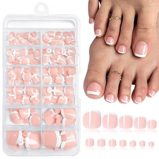 168pc White French Tips Press on Toenails Women Fake Toe Nails with Tabs, Nude Fake Toenails Press on Nails Toe Acrylic Nail Tips Short Square Glue ons Toenails Stick Artificial Toe Nails Press ons