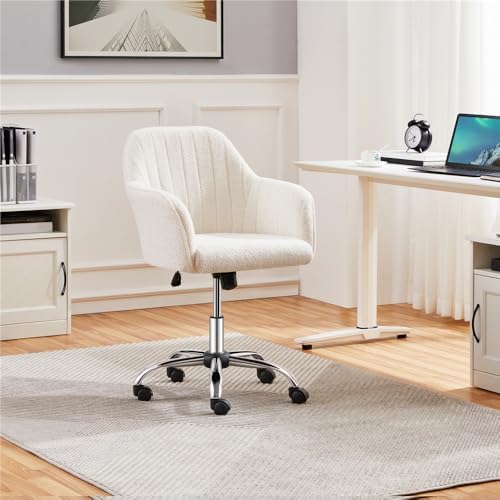 Bild von Yaheetech Homeoffice Stuhl, Schminkstuhl, Schreibtischstuhl, höhenverstellbar Drehstuhl, Bürostuhl mit gepolstertem Samtstoff, für Arbeitszimmer, Schlafzimmer, bis 136 kg belastbar, Elfenbein