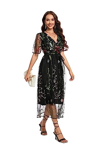 Image of BaronHong Women's Floral Embroidered Tulle Prom Half-Sleeve V Neck Midi Dress with Waist Strap