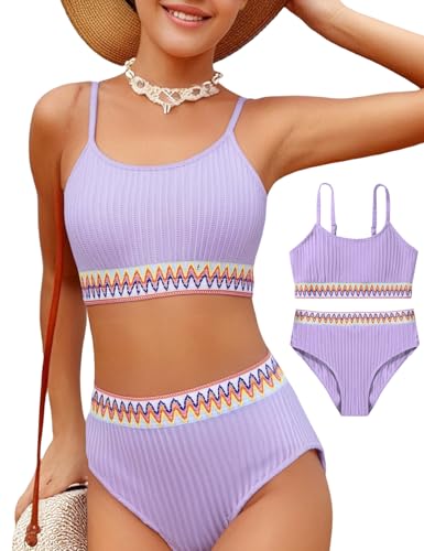 Image of Girls Swimsuit Two Piece Teen Bathing Suit High Waist Textured Bikini Set Woven Girls Swimwear 9-16Y