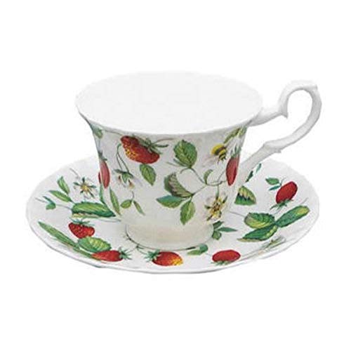 Roy Kirkham Traditional Ceramic Alpine Strawberry Teacup and Saucer in White