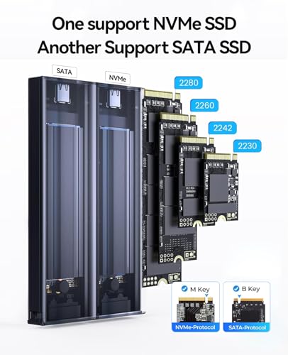 Image of ORICO Dual M.2 NVMe SATA SSD Enclosure, USB C to M.2 Adapter for PCIe & SATA 2230 /2242 /2260 /2280 SSDs, Tool-Free Installation Aluminum Reader, Support Trim and UASP up to 2x4TB-BM2-2SN
