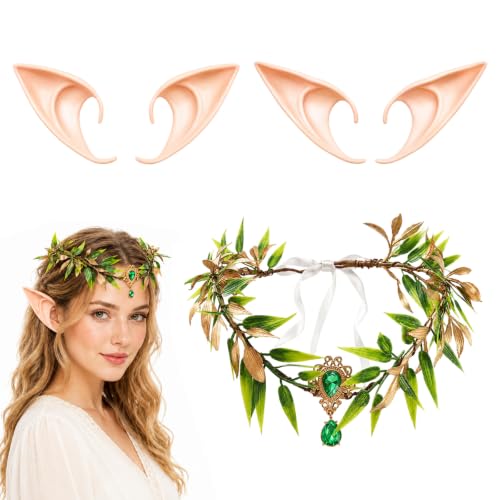 3Pcs Elf Ears Set Gold Leaf Crown Short & Long Pairs for Cosplay Parties