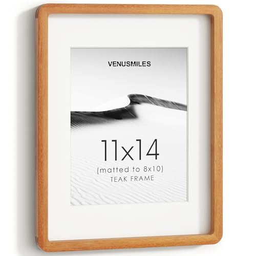 Image of 11x14 Picture Frame, USA-Sourced Natural Teak Wood Photo Collage Frame with HD Tempered Glass, Modern Simple 11 x 14 Wooden Frame Matted to 8x10, Vertical & Horizontal Wall Hanging Display