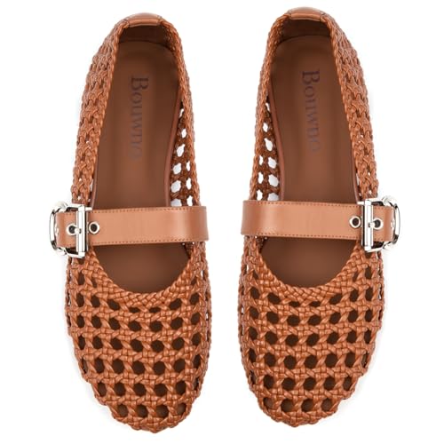 Mesh Mary Jane Flats for Women Hand Woven Flats Slip on Leather Round Toe Comfy Buckle Strap Dressy Beach Ballerina Sandals
