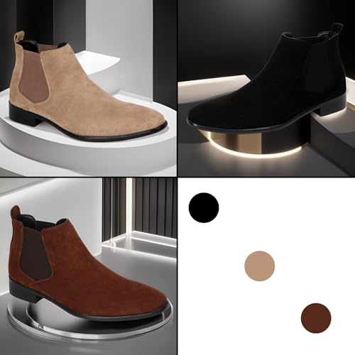 Men's Suede Low Heel Chelsea Boots with Elastic Panels Slip-On Comfort Non-Slip Dress Boots for Business Evening Dating Booties3