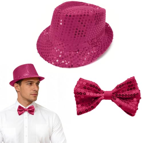 Rosa Pailletten Hut Und Rosa Paillettenfliege, Unisex, Disco Outfit, Accessoire, Karneval, Glitzer Hut Herren, Kostüm, Themenparty, Mottoparty