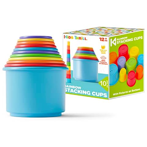KIDSTHRILL Rainbow Colors Baby Stacking Cups for Toddlers, Tall Baby Stacking Toys Nesting Cups, Drain Holes for Bath Toys, Educational & Motor Skills Sorting & Nesting Toys for 1 2 3 Years Old Cover